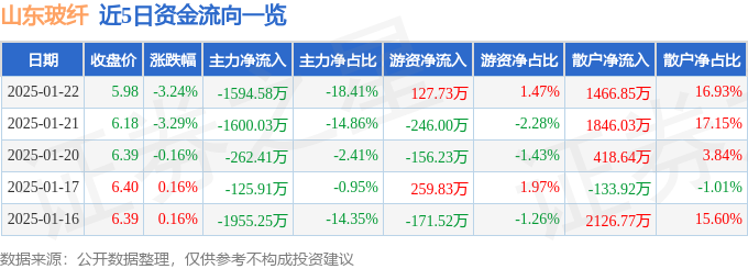 山东玻纤（605006）1月22日主力资金净卖出159458万元