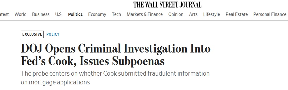 美联储突传大消息！美国司法部对美联储理事库克展开刑事调查 已发出传票
