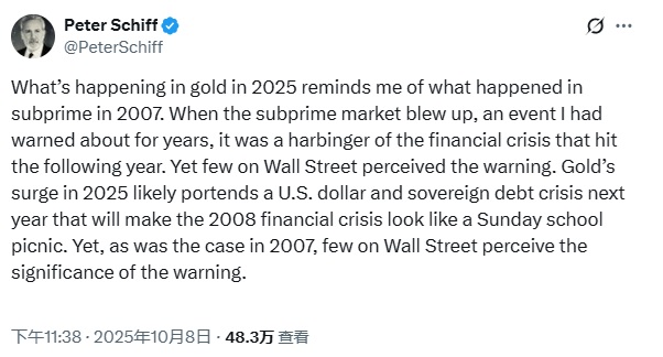 华尔街大鳄彼得·希夫警告：黄金暴涨可能预示“经济灾难”