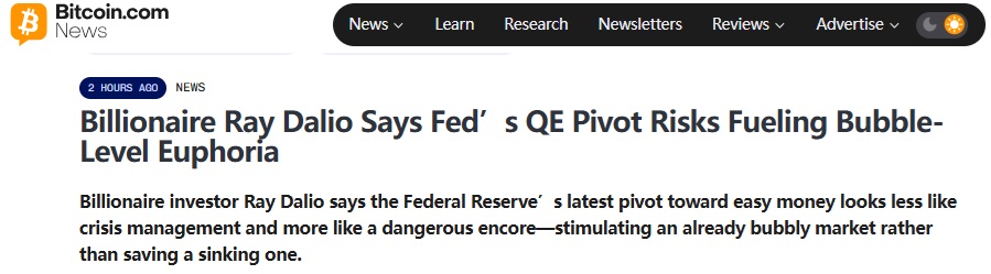 桥水创始人达利欧警告：美联储量化宽松回来了！可能引发泡沫级别的狂热