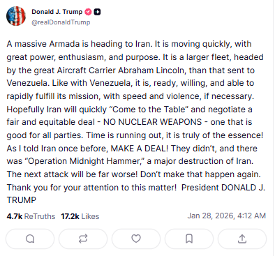 一则贴文引发搅动油市！特朗普警告伊朗：“庞大舰队”正驶向中东，下一轮打击“将更严重”