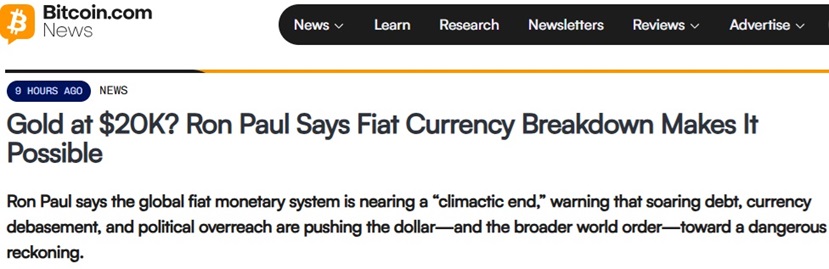 黄金价格达到2万美元？美国政坛大佬表示法定货币崩溃使这成为可能