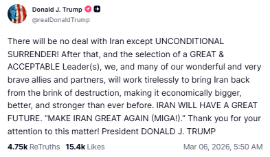 特朗普勒令伊朗“无条件投降”！中东战争进入第七天：伊朗誓言战斗至最后一弹，死亡已逾1332人