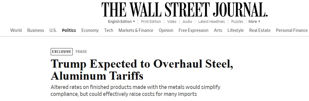特朗普关税突传重磅！华尔街日报独家爆料特朗普钢铝关税最新大消息