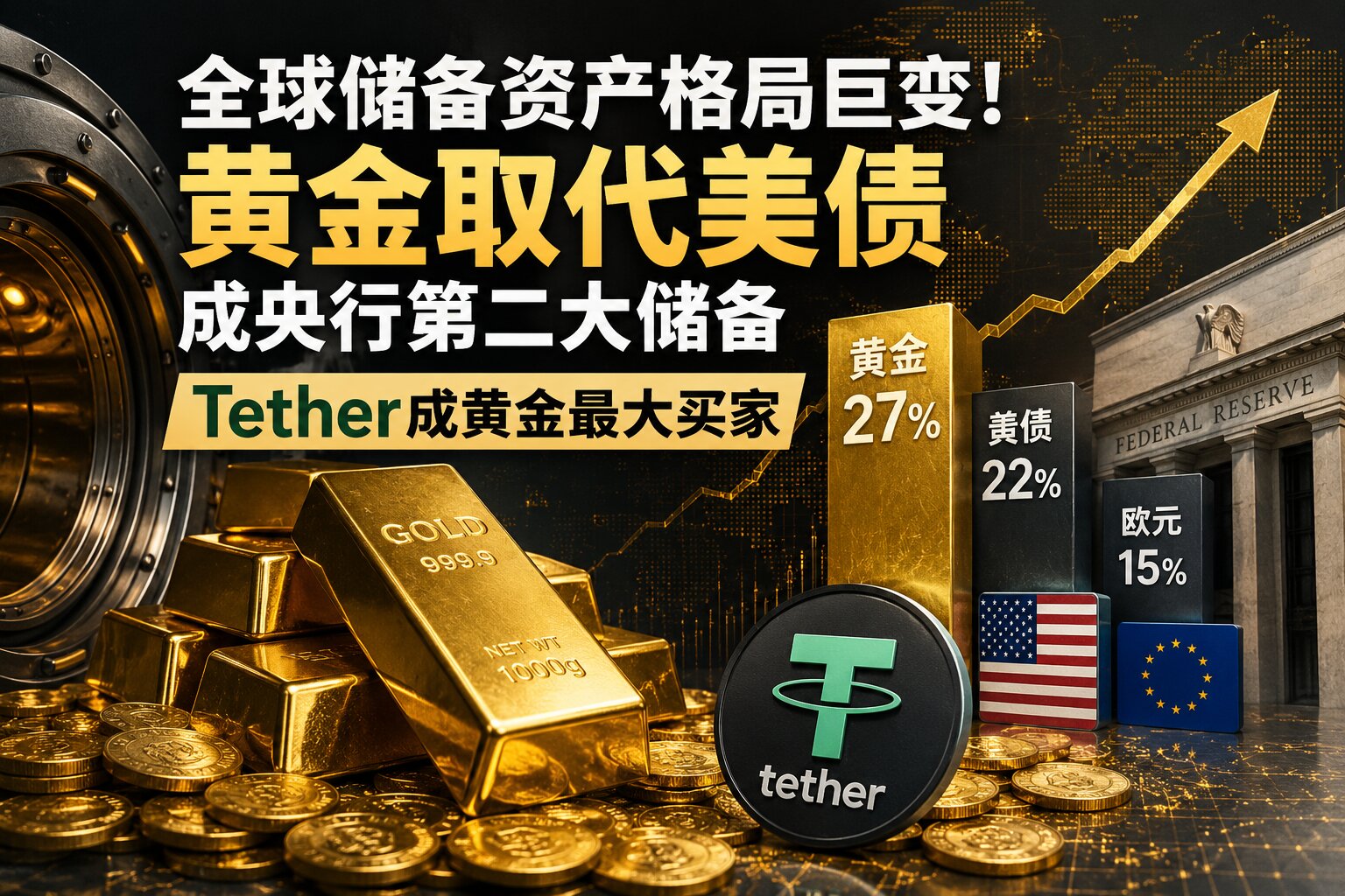 历史性时刻！黄金超越美债成央行第二大储备，Tether竟成最大买家